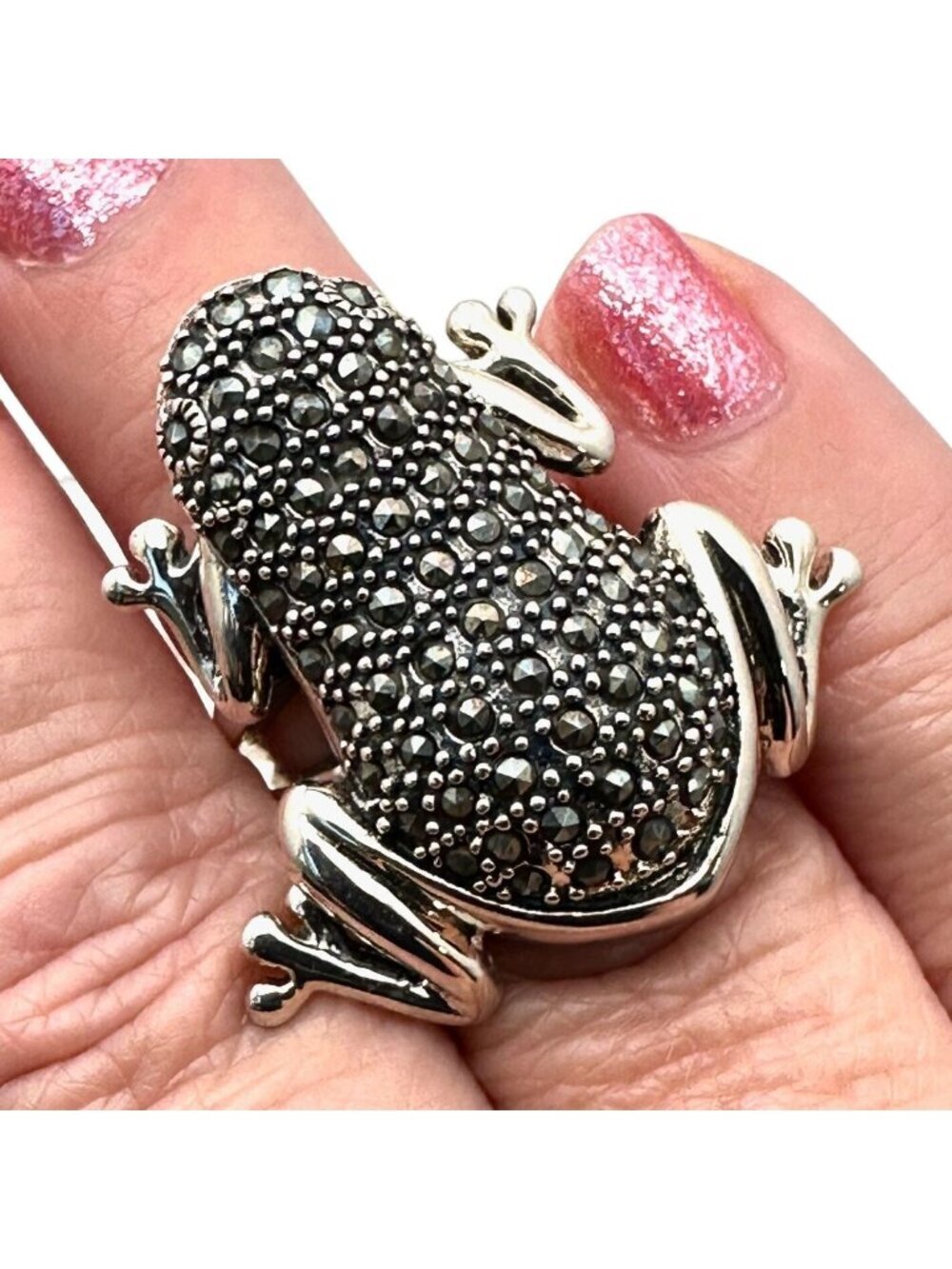 Sterling Silver Marcasite Ring Womens Black Frog Design Size 6